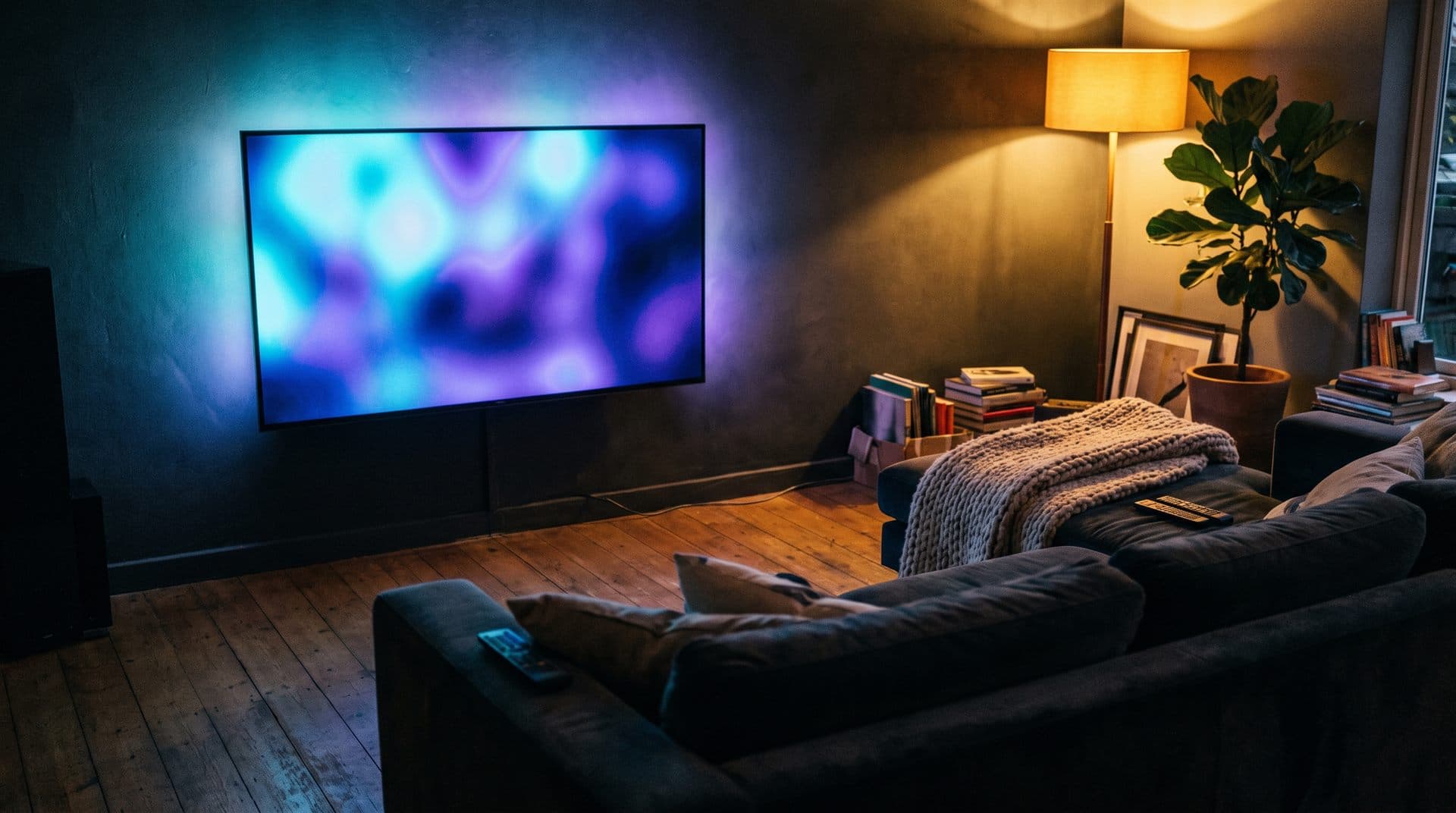 Sala de estar de noche con la televisión encendida